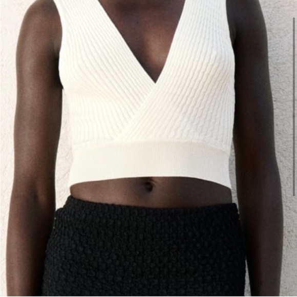 Zara Wide Strap Cropped Knit Sweater Top Ivory NWT - Picture 2 of 8